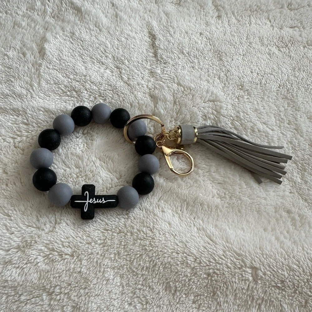 Wristlet Keychain Jesus Cross Tassel Black & Gray Beaded Keychain Bracelet NWT